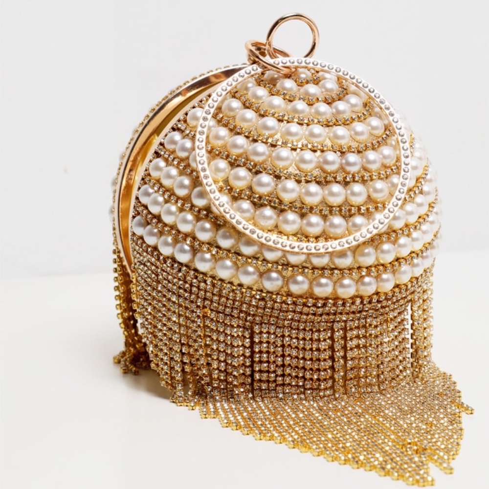 GOLD DIAMANTE AND PEARL LARGE SPHERE BAG